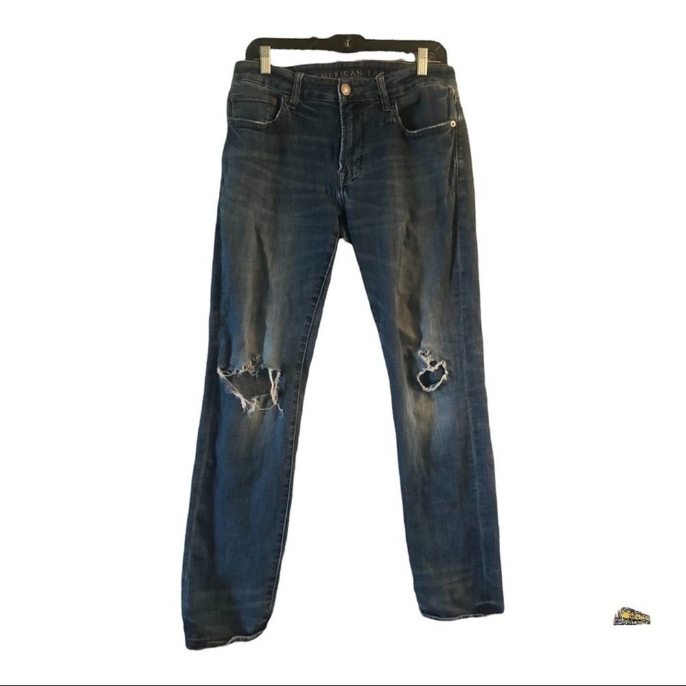 American Eagle Mens Denim Slim Straight Jeans Size Blue Distressed 32/32